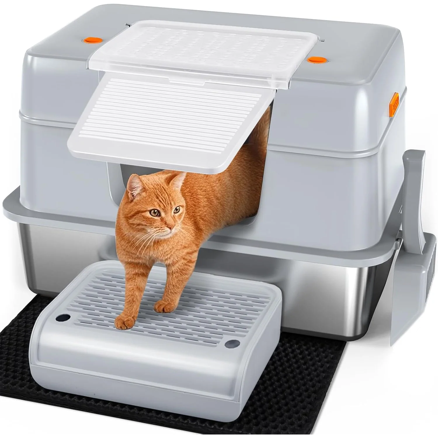 Vivifying Stainless Steel Litter Box with Mat and Step, gray