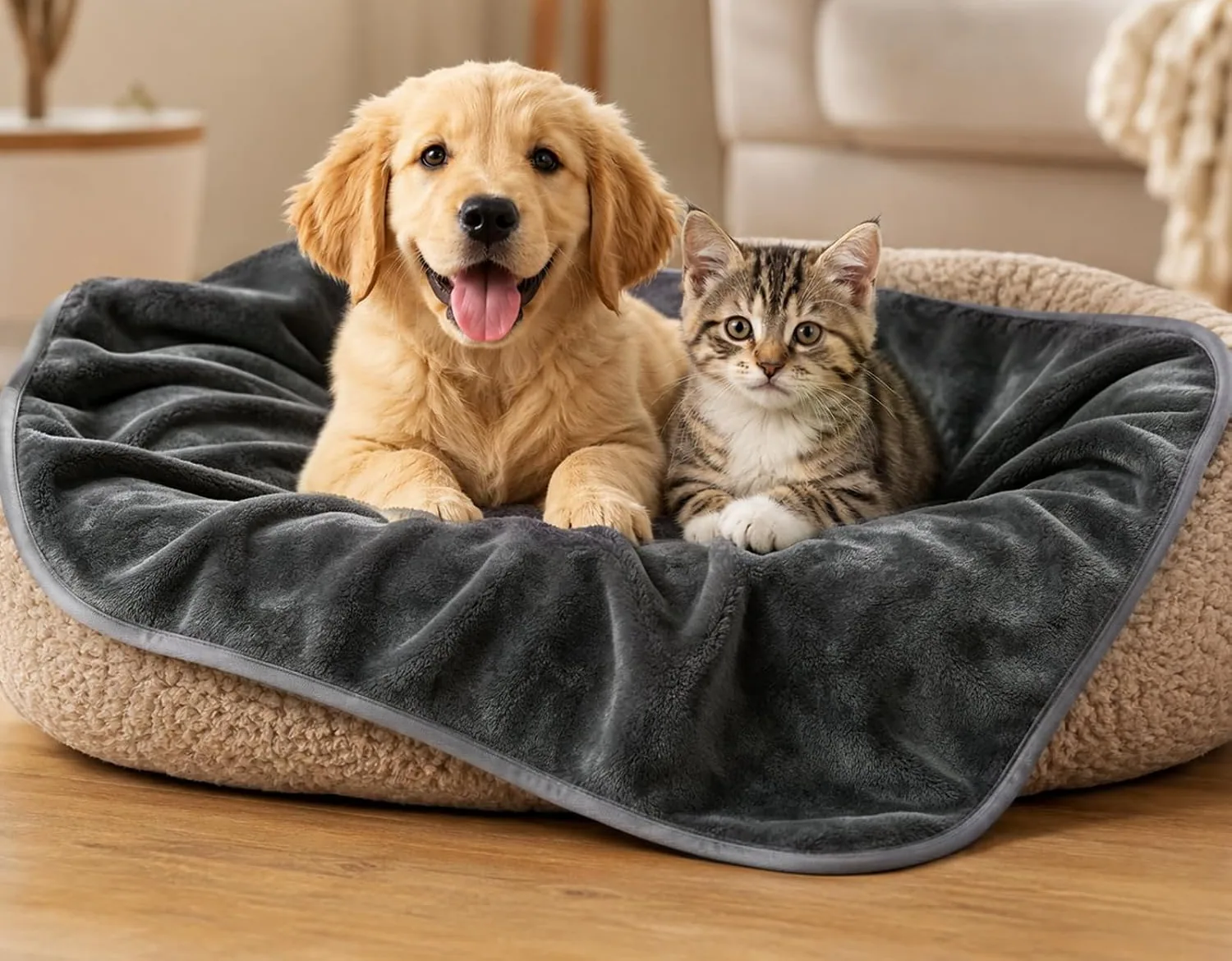 A puppy and a kitten lying together on a grey Vivifying waterproof blanket