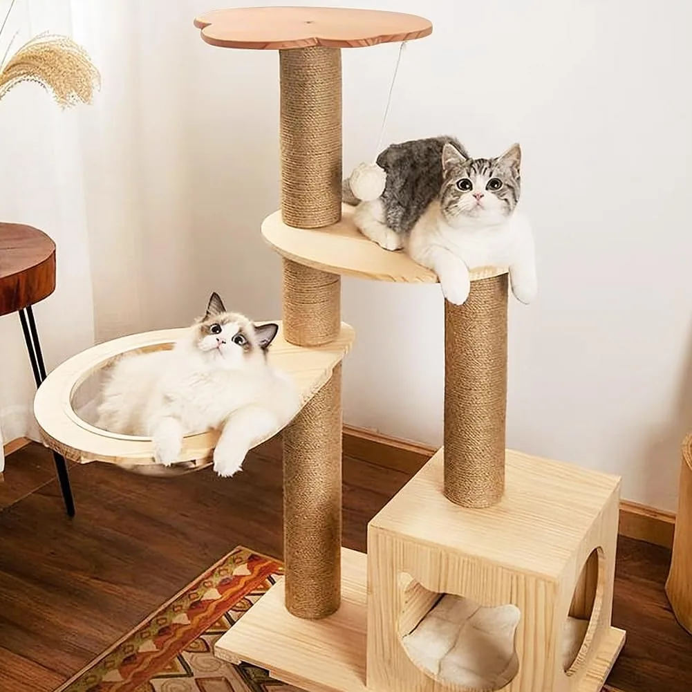 Two cats on a cat tree with posts wrapped in jute rope
