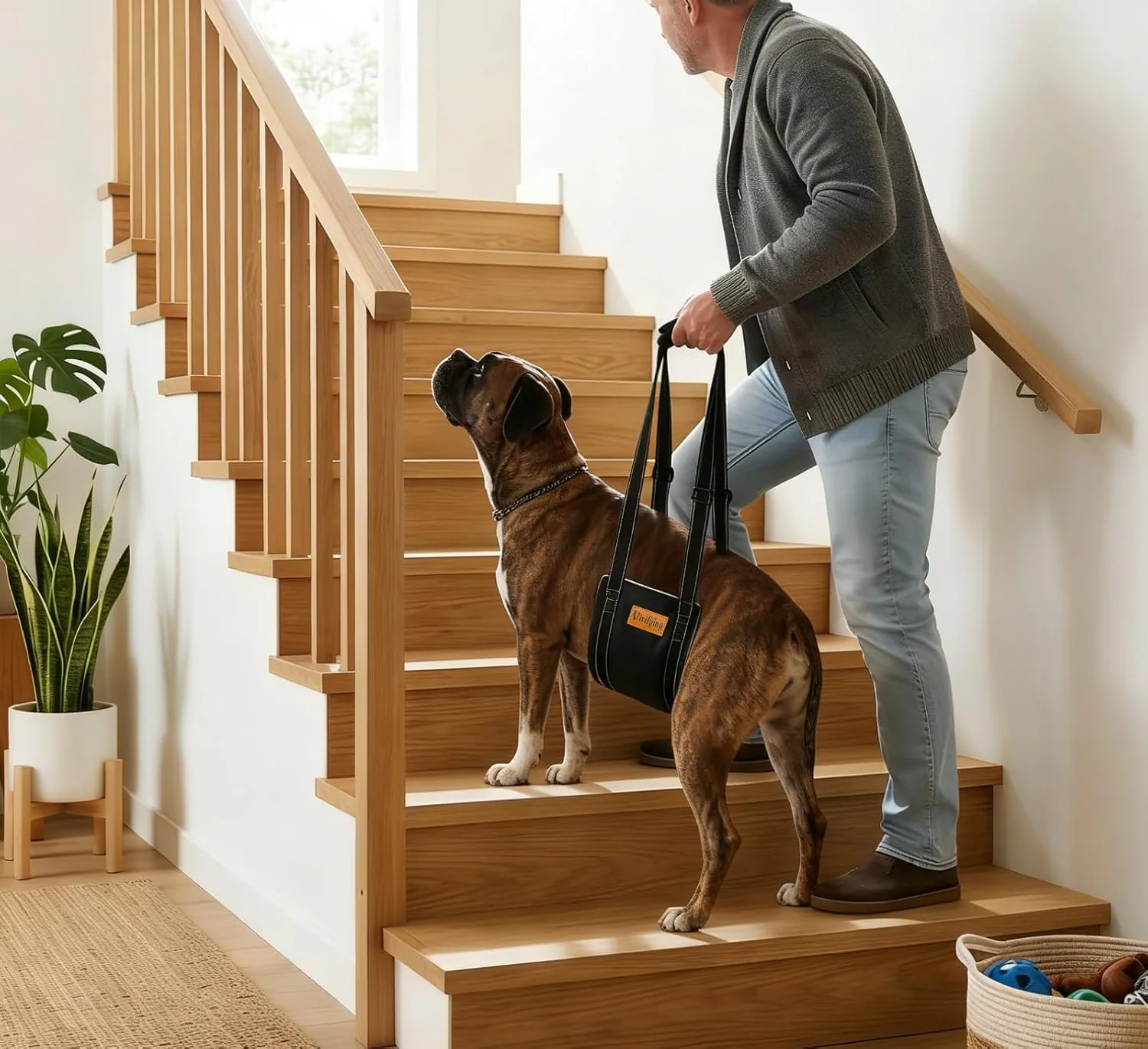 A man steadying a boxer on a staircase with a Vivifying rear lift sling