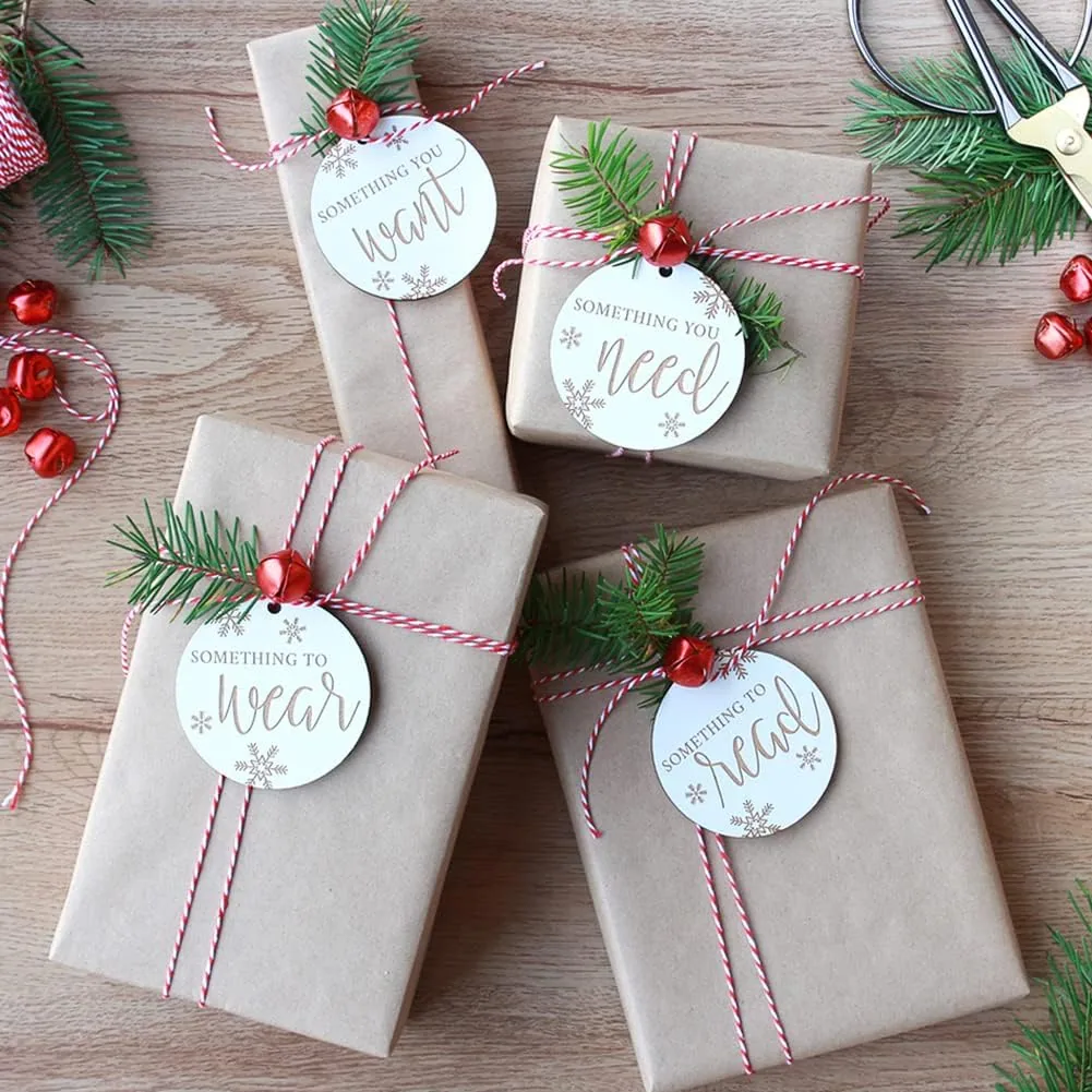 Four parcels tied with red and white Vivifying baker's twine