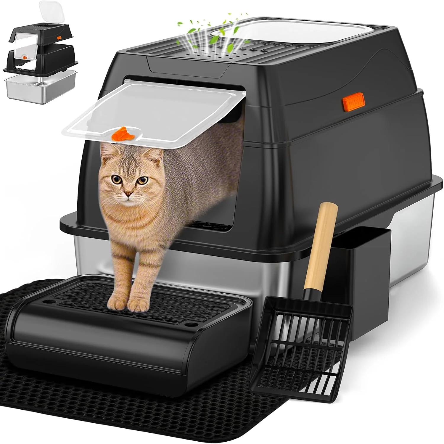 Vivifying Front-Entry Stainless Steel Litter Box, black