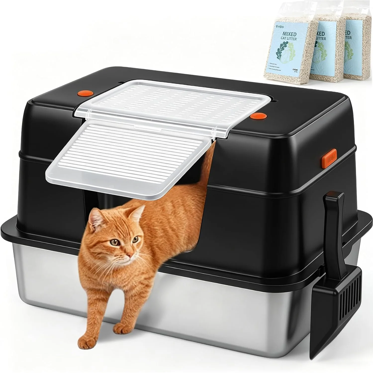 Vivifying Stainless Steel Litter Box with 13.2 lb of Litter, black, with 13.2 lb of litter